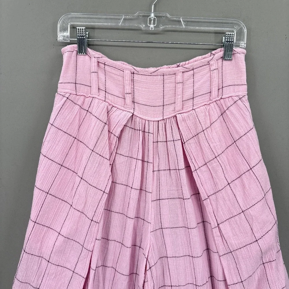 Free People Pants Small Pink Check Harem Wide Leg Lunar Cove Pleats Boho Pull On - Picture 3 of 13
